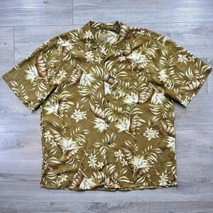JOS A BANK Mens XXL Brown 100% Silk Loop Collar Tropical Floral Button Up Shirt